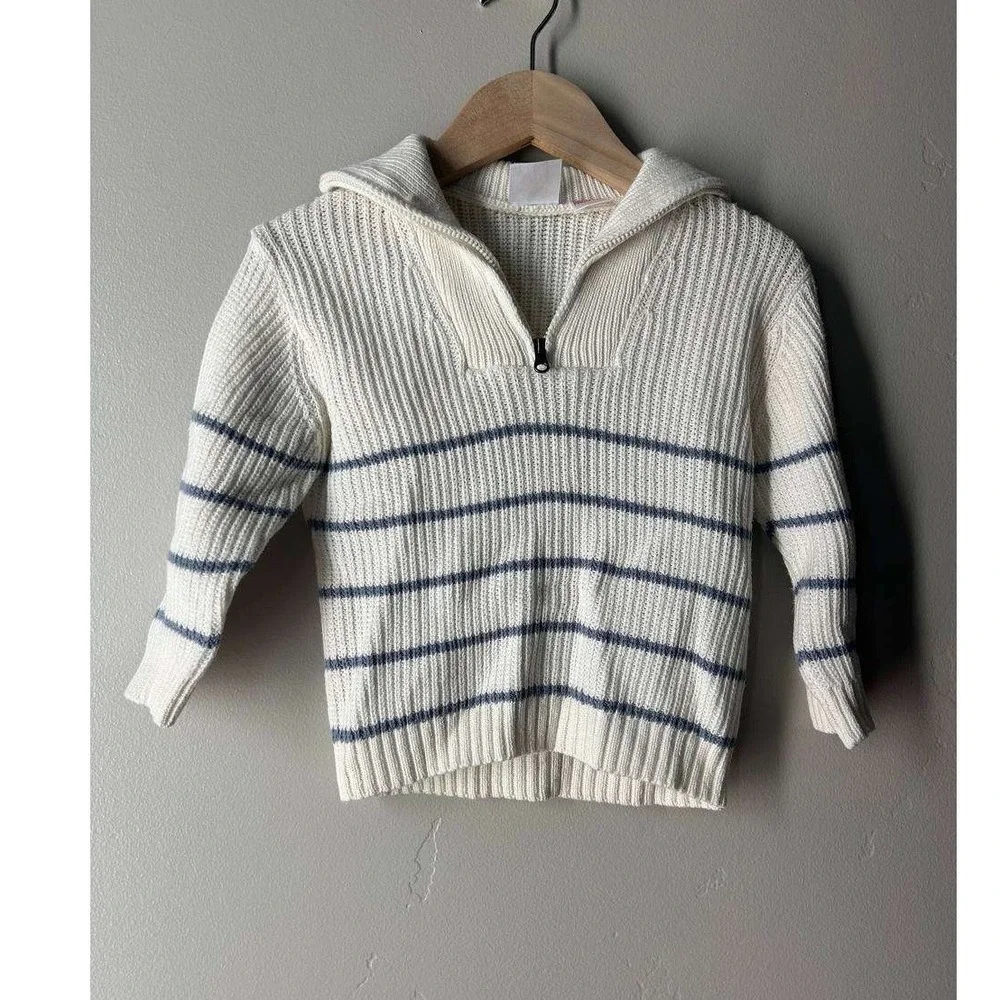 Zara Stripe Quarter Zip Knit Sweater Coastal Nautical Cream Navy Blue 59% Cotton